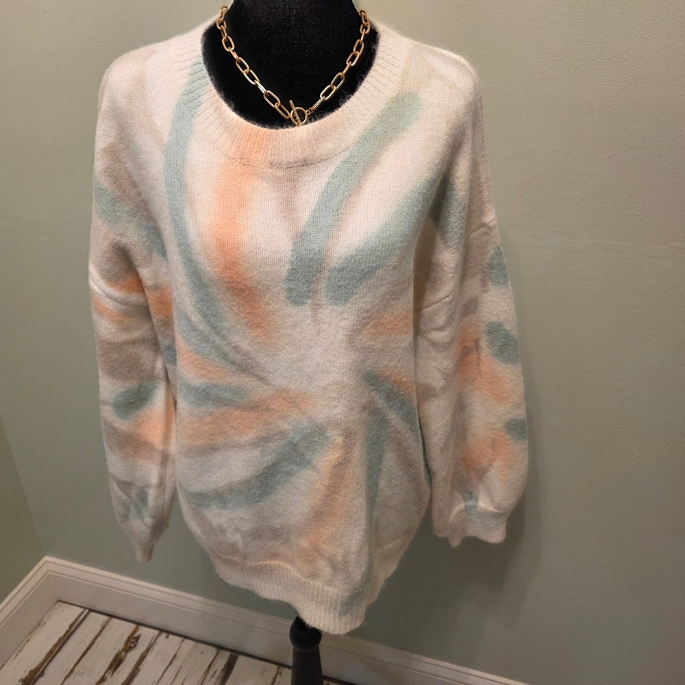 POL Women Pastel Tie Dye Swirl Fuzzy Knit Crewneck Sweater Medium H656